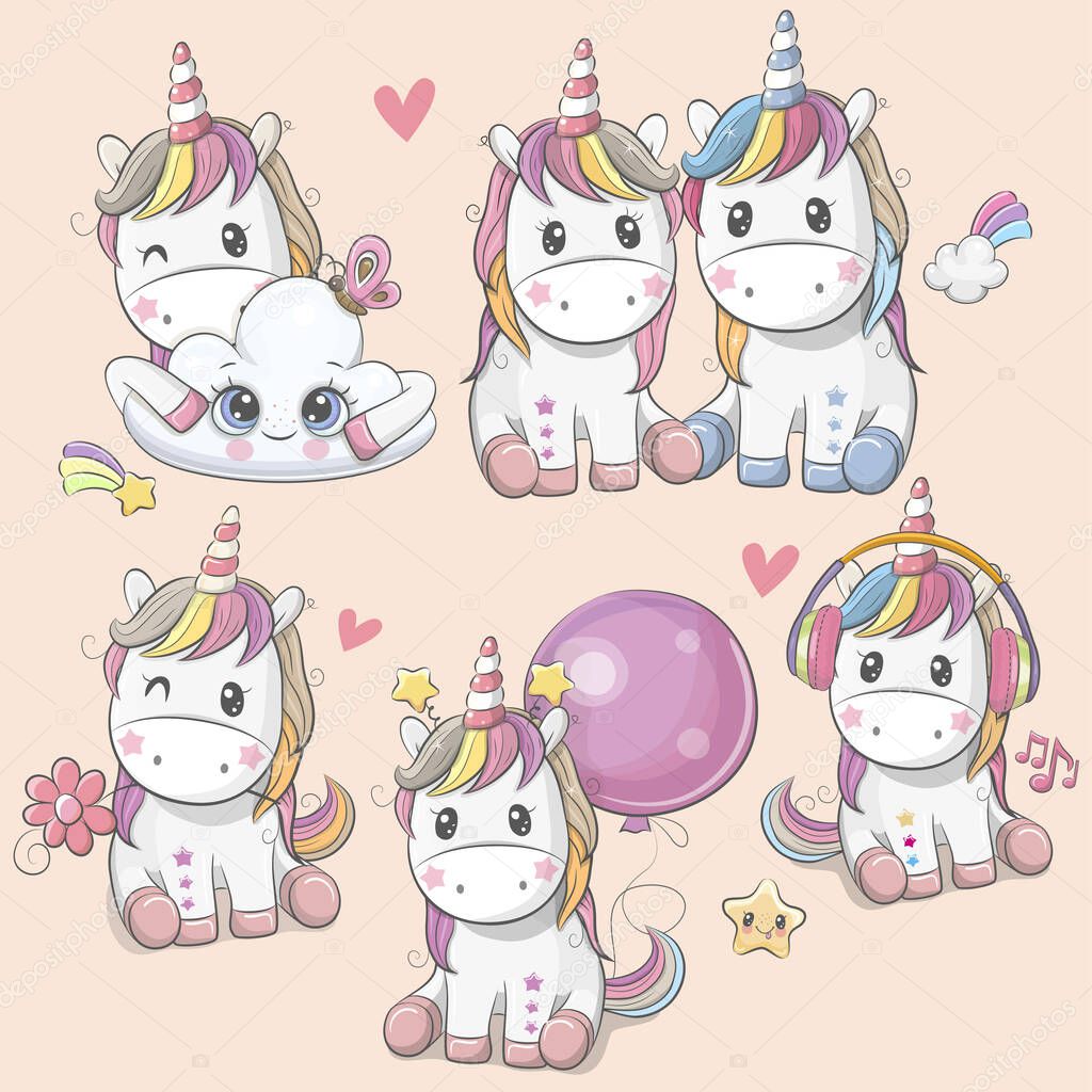 Set of Cute Cartoon Unicorns isolated on a white background