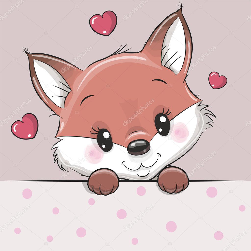 Greeting card cute Cartoon Fox with hearts
