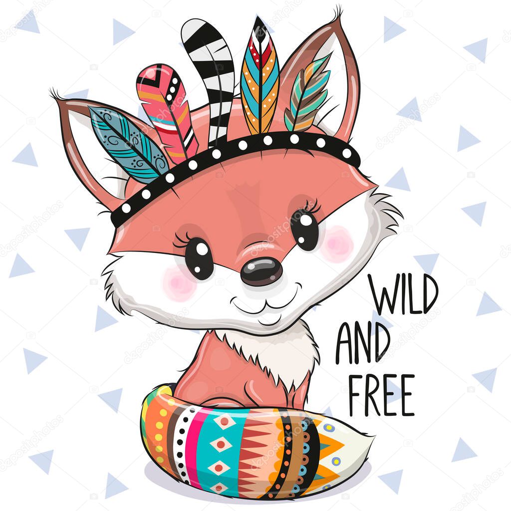Cute Cartoon tribal Fox with feathers on a white background