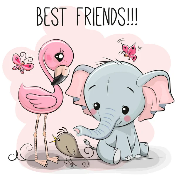 Χαριτωμένο Cartoon Elephant Και Flamingo Ροζ Φόντο — Διανυσματικό Αρχείο