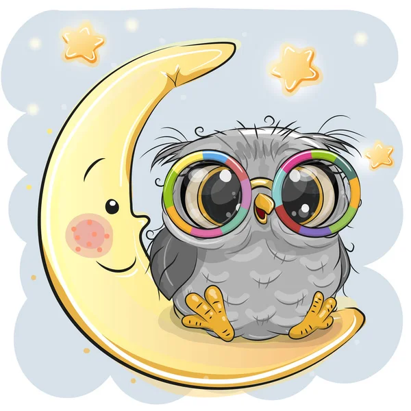 Cute Cartoon Owl Glasses Sitting Moon — Stock Vector