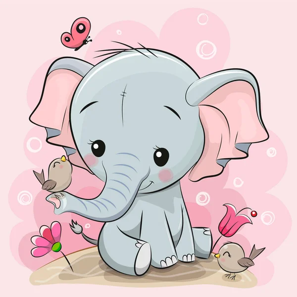 Lindo Elefante Dibujos Animados Prado Con Flores Mariposas — Vector de stock