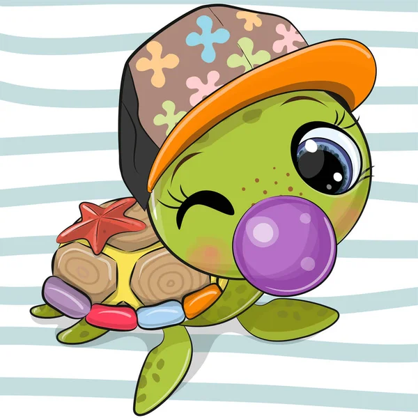 条纹背景上有泡泡糖的可爱卡通海龟 — 图库矢量图片