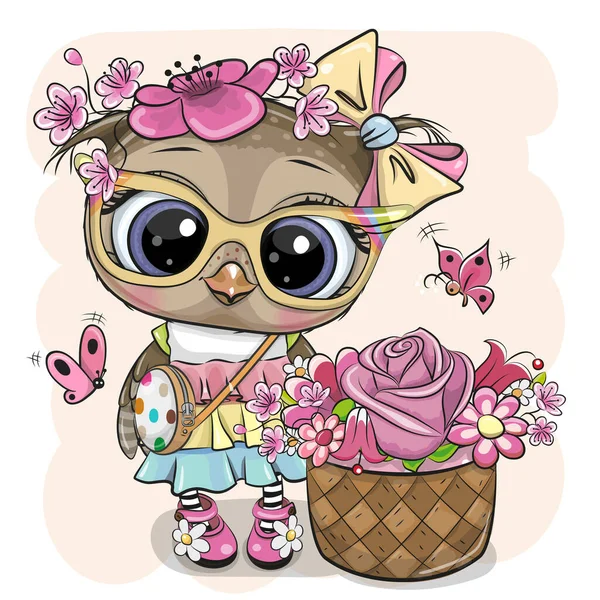 Leuke Cartoon Uil Met Bloemen Een Gele Achtergrond Rechtenvrije Stockillustraties