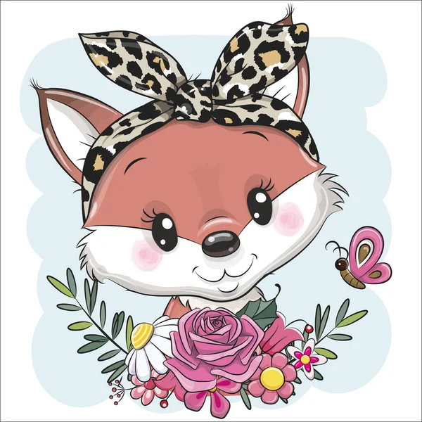 带着花和弓的可爱卡通狐狸 免版税图库插图