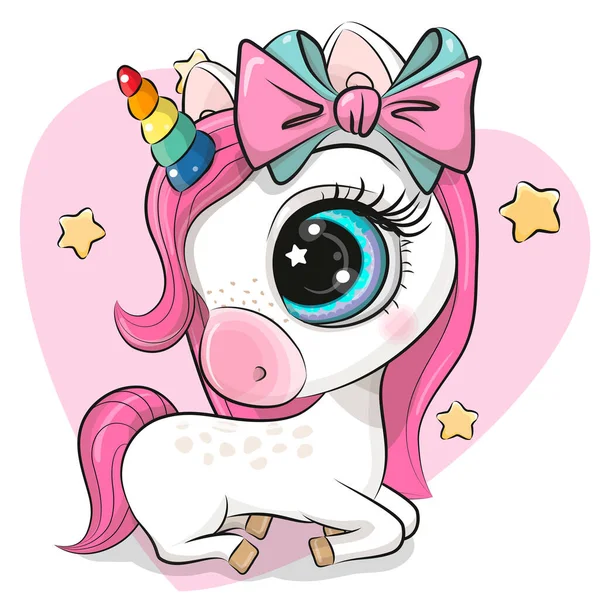 Cute Cartoon Unicorn Pink Mane Bow Pink Heart Background Stok Ilustrasi 