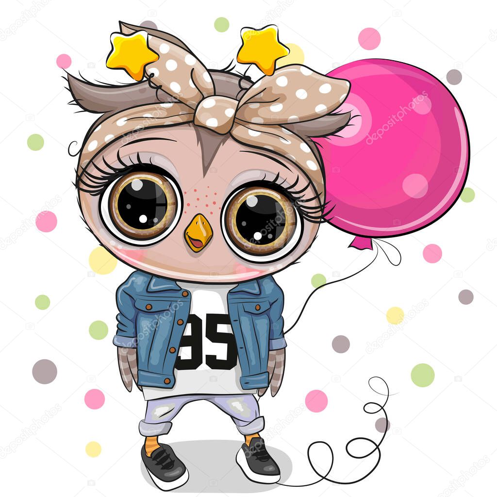 Cute Cartoon Owl in jeans with a pink balloon