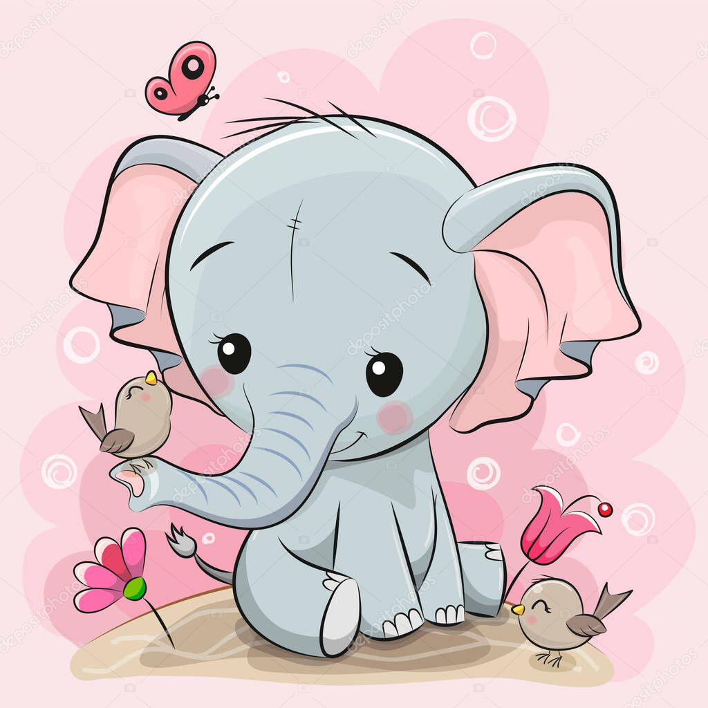 Cute Cartoon Elephant on a meadow with flowers and butterflies