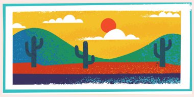 Kaktüslü Meksika çölünün vektör görüntüsü ve sarı gökyüzünde kızıl güneşli dağların manzarası