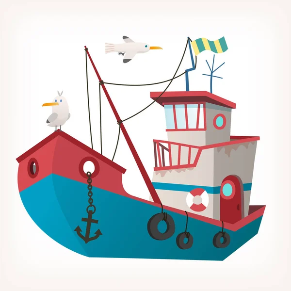 Bateau Pêche Mer Rouillé Avec Ancre Équipement Pêche Mouettes Volant — Image vectorielle