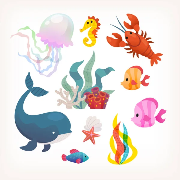 海の動物や植物のコレクション 魚のロブスターの哺乳類や海の雑草 孤立したベクトル画像 — ストックベクタ