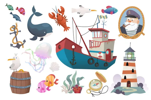 Набор Предметов Связанных Рыбалкой Море Ретро Капитан Ржавого Траулера Оушен — стоковый вектор