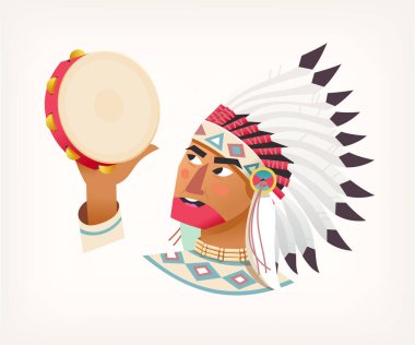 Geleneksel giyimli yerli adam Şükran Günü 'nü tef çalarak kutluyor. Beyaz arkaplanda izole vektör illüstrasyonu