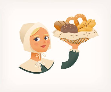 Eski moda kıyafetler giyen bir kadın. Sepet, ekmek ve hazır çörekler taşıyor. Şükran Günü bayramı kutlaması, sonbaharda mevsimsel etkinlik. Çizgi film tarzında hacı karakter vektörü