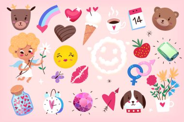 Posterler, tebrik kartları, afişler, afişler ve Sevgililer Günü partisi için davetiyeler için hoş grafikler. Cupids 'in kalpleri elmas ve tatlı hayvanlar. İzole vektör elementleri 5 / 5