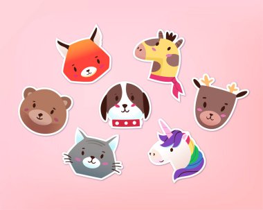 Sevimli bebek hayvan yüzleri koleksiyonu. Çocuk odası dekorasyonu için çıkartmalar, çocuk mekanları ve tatil etiketleri, ambalaj kağıtları ve dekorasyonlar. İzole vektör resimleri