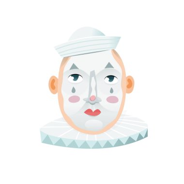 Ünlü Mardi Gras festivali karakteri. New Orleans Geçit Töreni 'nde ya da Venedik Karnavalı' nda sık sık görebileceğiniz bir maske. İzole kafa maskesi çıkartması. Pierrot palyaço makyajı yüz vektör resmi