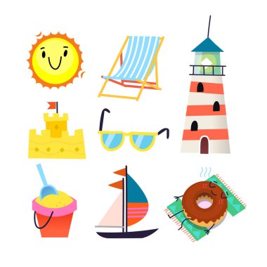 Tatil kartı tasarımları yapmak için resim ve öğelerin toplanması. Plajda bulabileceğiniz eşyaların çizimleri. Çocuk alanlarını dekore etmek için çıkartmalar. İzole vektör çizimleri.