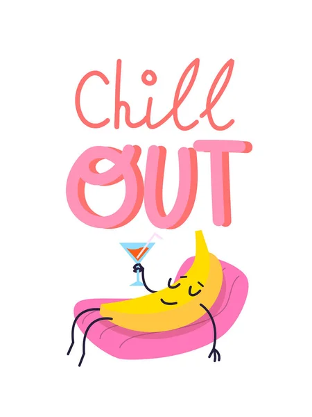 Cartoon Image Slogan Banana Character Sunbathing Relaxing Mattress Pool Cocktail — Vector de stock