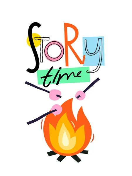 Cartoon Image Slogan Story Time Campfire Flames Roasting Marshmallows Sticks — Vector de stock