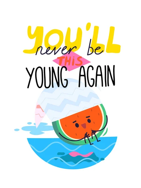 Cartoon Image Slogan Watermelon Character Jumps Cannon Ball Water Crating — Vector de stock