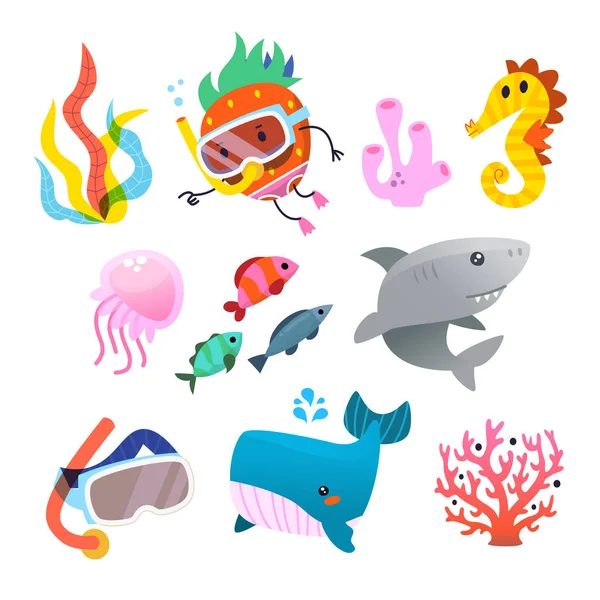 Collection Underwater Images Sea Wonders Animals Fish Weed You Find — Vector de stock