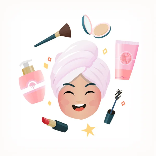 Girl Smiling Face Surrounded Decorative Cosmetics Vector Illustration Posters Cards — Διανυσματικό Αρχείο