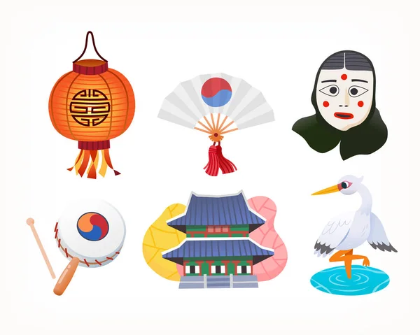 Collection Elements Traditionally Associated South Korea Isolated Vector Images Creating — Stockvektor
