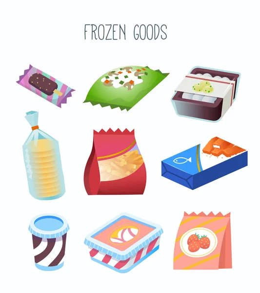 Collection Goods Frozen Food Section Grocery Store Online Marketplace Isolated — Archivo Imágenes Vectoriales