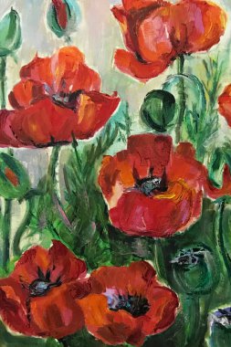 Büyük dekoratif kırmızı haşhaş çiçek buket çizim. Resim ilginç bir fikir içerir, duygular, estetik zevk çağrıştırır. Petrol doğal boyalar. Kavramı klasik sanat resim dokusal multicolour