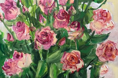 Yağlı boyalar, tuvalde anlamlı vuruşlar. Çerçevede kare resim, galeride bir sanat eseri. Muhteşem çiçek hala hayat dolu. Bahar ya da yaz çiçekleri açar. Vazoda çok renkli güller