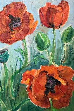 Yağlı boyalar, tuvalde anlamlı vuruşlar. Çerçevede dikey resim, galeride sanat eserleri. Muhteşem çiçek hala hayat dolu. Bahar ya da yaz çiçekleri açar. Çiçek tarlasında kırmızı gelincikler