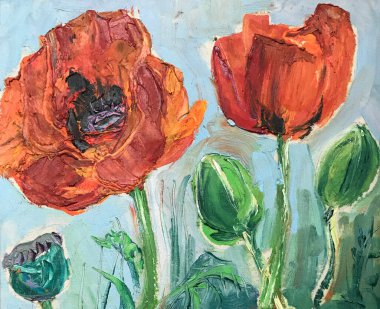 Yağlı boyalar, tuvalde anlamlı vuruşlar. Çerçevede dikey resim, galeride sanat eserleri. Muhteşem çiçek hala hayat dolu. Bahar ya da yaz çiçekleri açar. Çiçek tarlasında kırmızı gelincikler