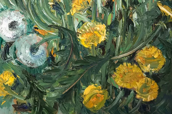 Oil paints, expressive strokes on canvas. Vertical painting in a frame, art work in the gallery. Gorgeous flower still life. Spring or summer flowering plants, bloom. White, yellow, green dandelions