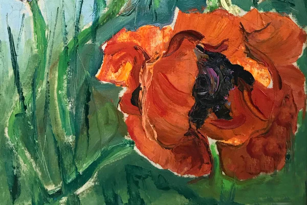 画布上富有表现力的笔触 画框中的垂直绘画 画廊中的艺术作品 灿烂的花朵静谧的生命 春天或夏天开花的植物 花坛上的红罂粟 — 图库照片