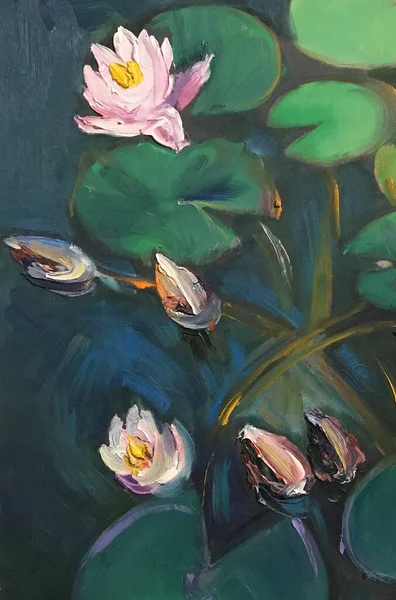 画布上富有表现力的笔触 正方形的画框里 艺术作品在画廊里 灿烂的花朵静谧的生命 春天或夏天开花的植物 花瓣上的海百合 — 图库照片