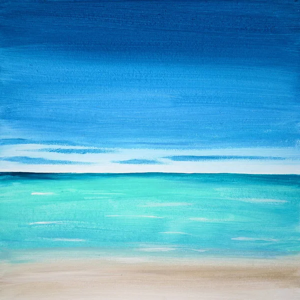 蔚蓝的大海 洁白的沙滩 平静的水 在海面上画出明亮的蓝天 图片包含有趣的想法 唤起情感 审美愉悦 帆布伸展在担架上 油漆画 — 图库照片