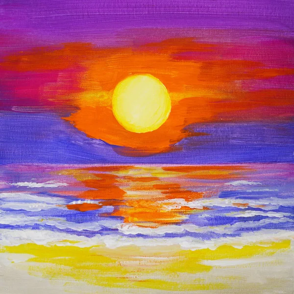 Drawing of bright sea sunset sunrise, yellow red clouds, orange highlights on water. Picture contains interesting idea, evokes emotions aesthetic pleasure. Natural paints. Concept art painting texture
