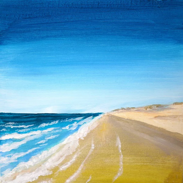 Drawing of bright blue sky over the ocean, sea. Picture contains interesting idea, evokes emotions aesthetic pleasure. Canvas stretched on a stretcher, oil natural paints. Concept art painting texture