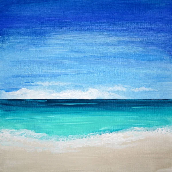 Azure clear ocean, white sand, calm water. Drawing of bright blue sky over the sea. Picture contains interesting idea, evokes emotions, aesthetic pleasure. Canvas stretched on a stretcher, oil paints