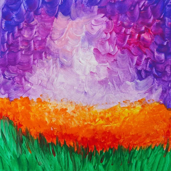 才能のあるアーティストは明るい風景 青い紫色の空を描いた カラフルなキャンバスは明るい夏の絵を描いています ペースト状の技法で大きなストロークで描画します 現実的な絵画 オリジナルのアートコンセプト — ストック写真