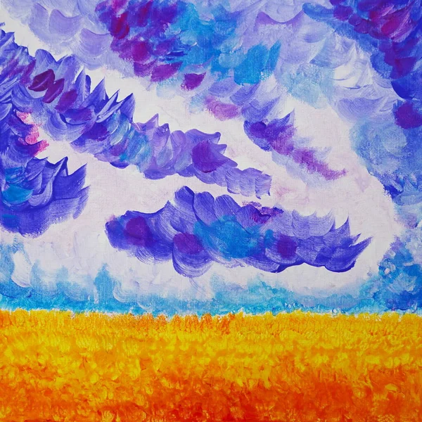 Talented artist painted landscape, wheat field, big clouds. Colorful canvas of paints, depicts bright summer picture. Draw with large strokes in pasty technique. Realistic painting, original new art