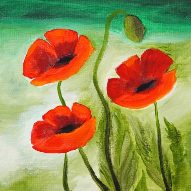 Oil paints, expressive strokes on canvas. Modern art realism, exposition work in the gallery. Gorgeous flower still life. Spring or summer flowering plants, bloom. Red poppies, flowerbed. Symbol love