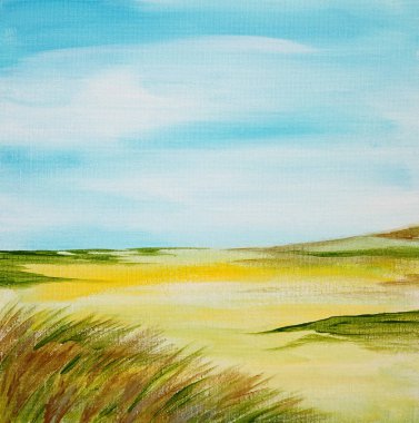 Drawing of bright day landscapes, sunset sunrise. Picture contains interesting idea, evokes emotions, aesthetic pleasure. Canvas stretched on a stretcher, natural paints. Concept art painting texture