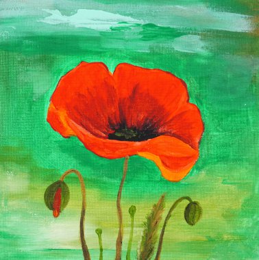 Oil paints, expressive strokes on canvas. Modern art realism, exposition work in the gallery. Gorgeous flower still life. Spring or summer flowering plants, bloom. Red poppies, flowerbed. Symbol love