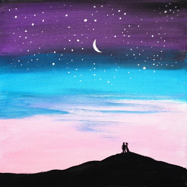 True love, lovers watch the sunset, young moon. Black silhouettes of a couple in love against the background of a starry sky. Violet purple pink blue colors. Romantic concept. Summer or winter mood