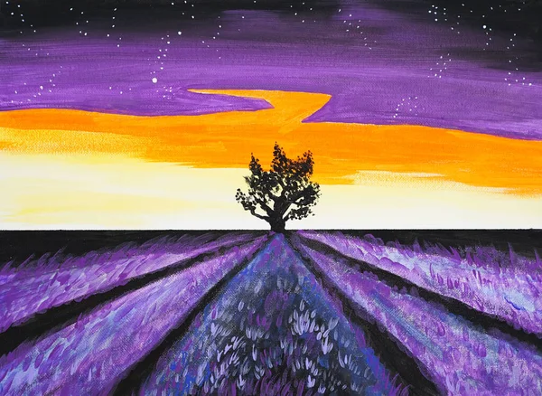 Drawing of bright sky sunset sunrise, yellow orange clouds, tree, violet highlights. Picture contains interesting idea, evokes emotions aesthetic pleasure. Natural paints. Concept art painting texture