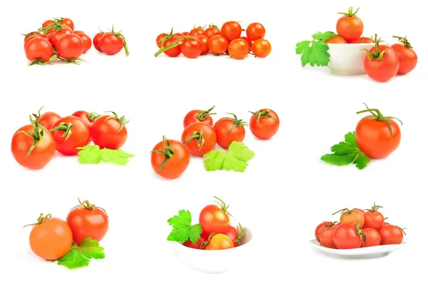 Colagem de tomates isolados em um fundo branco com caminho de recorte — Fotografia de Stock