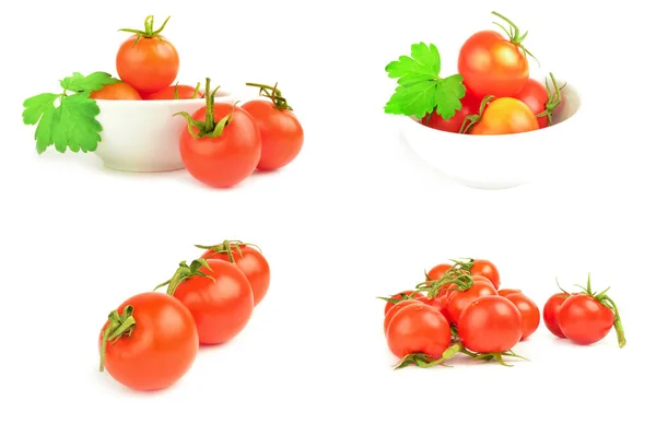 Colagem de tomates cereja isolados em um recorte de fundo branco — Fotografia de Stock