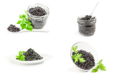 Beyaz arka plan kırpma yolu üzerinde beluga havyarı kolajı